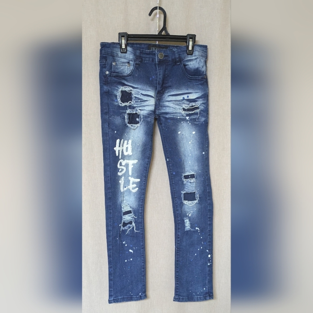 ENCRYPTED Distressed Skinny Jeans, boys size 12, dark blue w/white print
